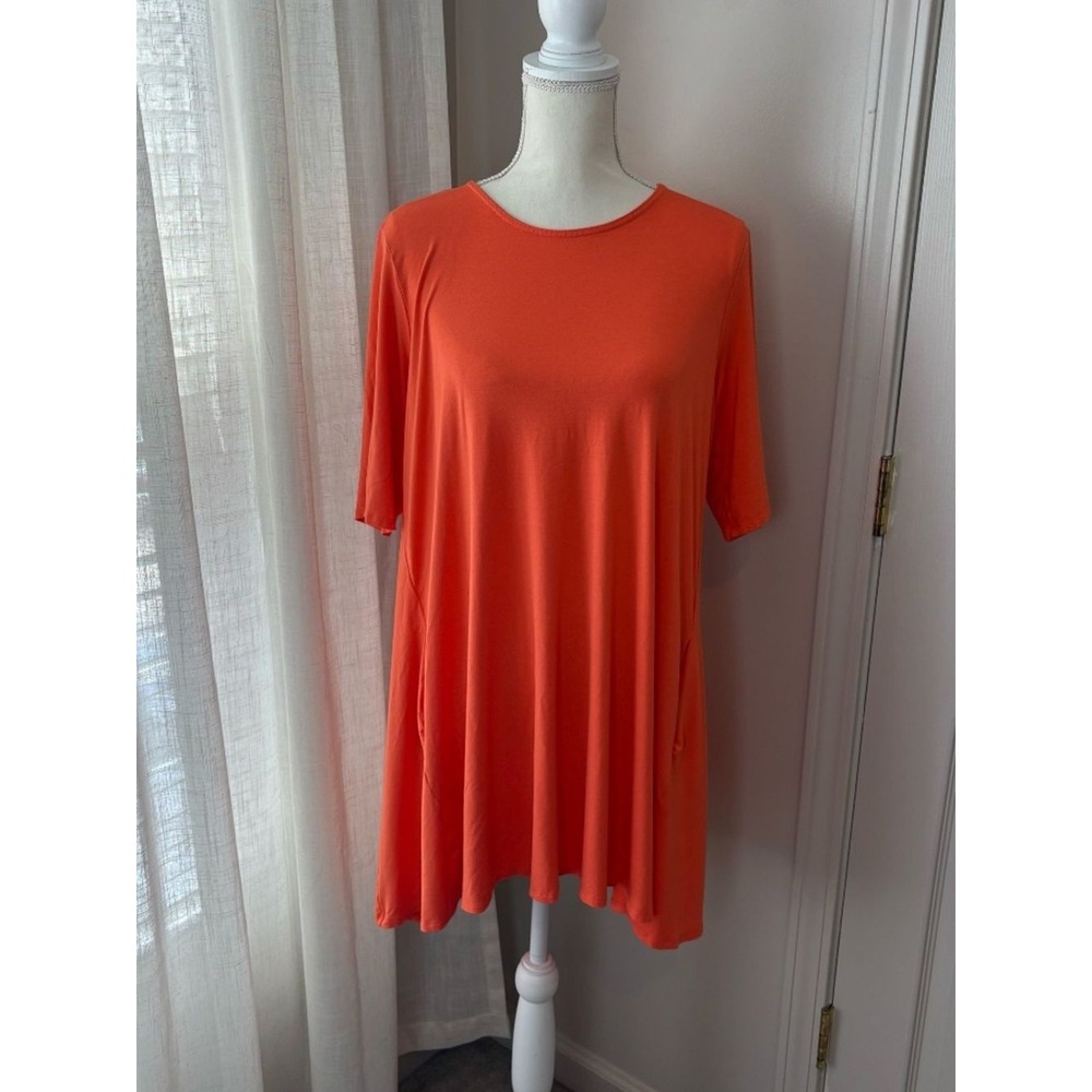 Eileen Fisher Tunic Top Womens L/G Orange Excellent Short Sleeve Pocket Jersey